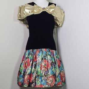 Vintage Morton Myles Saks Velvet Gold Bow Metallic Floral Cocktail Dress Sz S